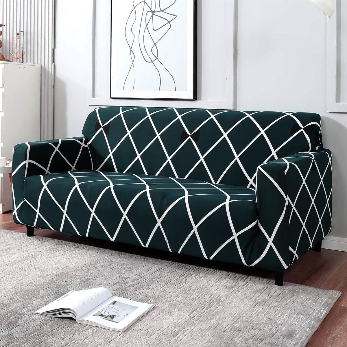 GEO-DARK GREEN-CREAM Gorgeous Printed 3-Seater Sofa Cover Fully Covered Stretchable Non-Slip Elastic Sofa Fabric-image-12