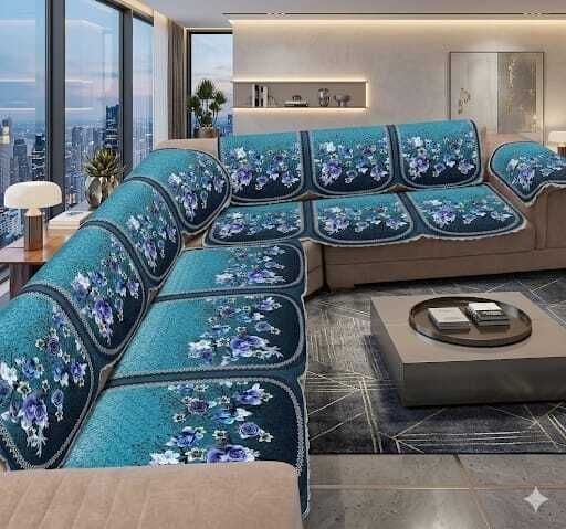 a.m.decor Velvet 3+3 Seater L-Shape Sofa Printed Cover-picture-43
