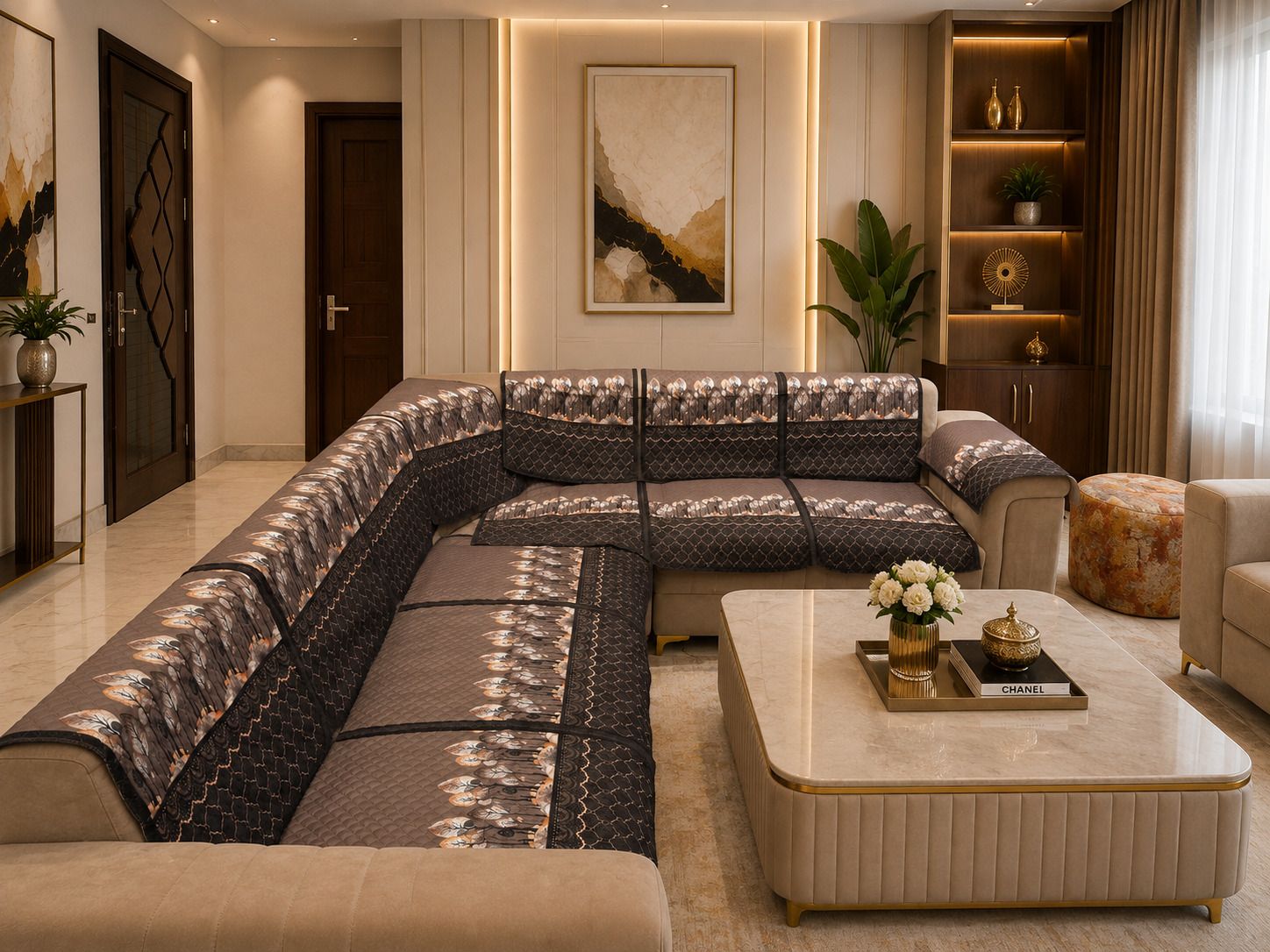 Velvet 3+2 Seater L-Shape Sofa Floral Cover-image-49
