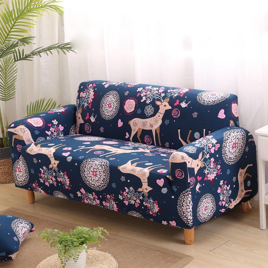 DEER-BLUE-SOFASET Stretchable Printed Sofa Cover Elastic 3 Seater Slipcover Furniture Protector Sofa Fabric-image-10