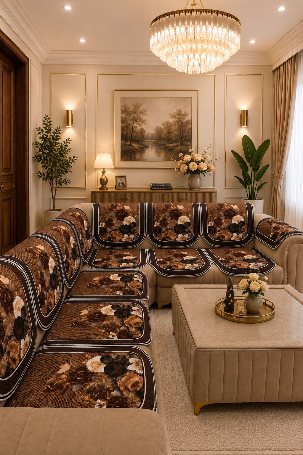 Polyester 3+2 Seater L-Shape Sofa Floral Cover-image-17