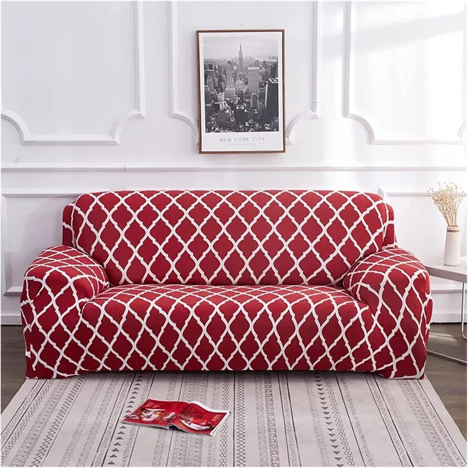 RED-SOFA-set Stretchable Red Geometric Sofa Cover Elastic 3 Seater Slipcover Protector Sofa Fabric-image-26