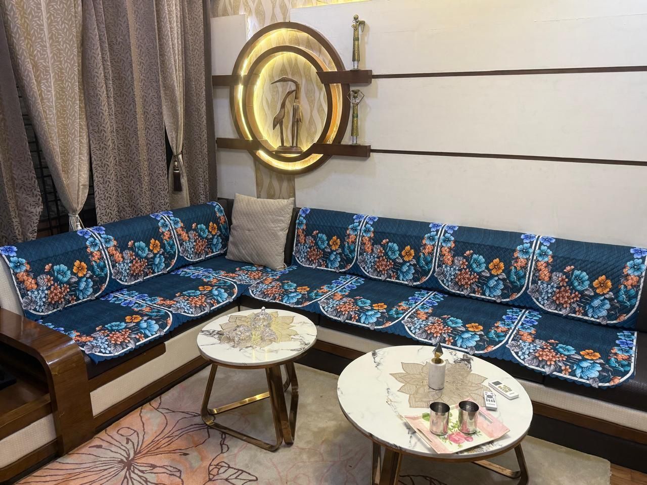 a.m.decor Velvet 4+3 Seater L-Shape Sofa Floral Cover-picture-38