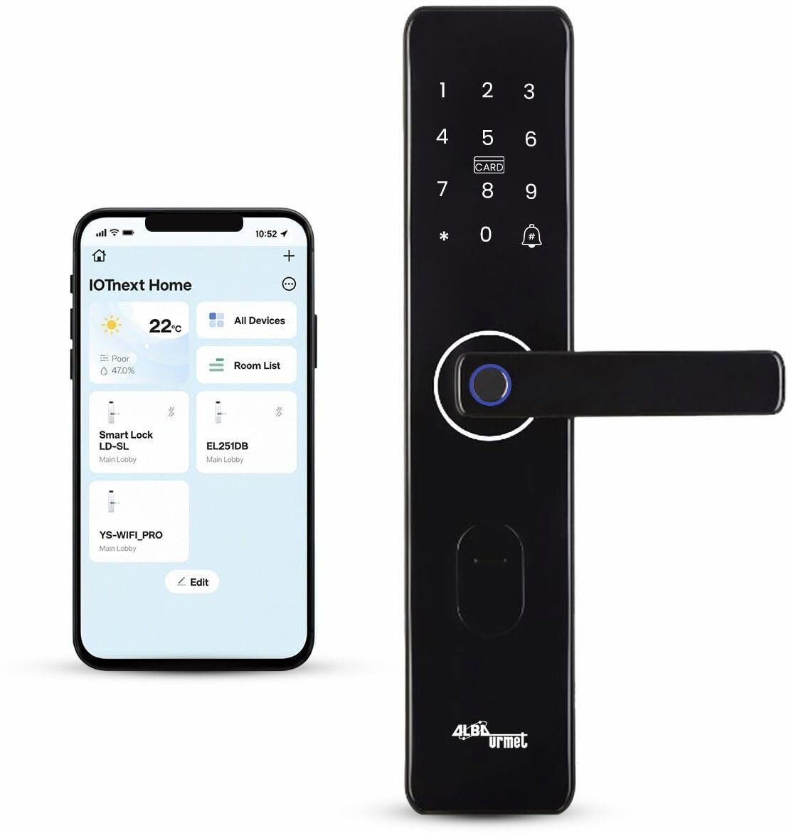 alba urmet Digital Door Lock | 6 Way Unlock | Fingerprint, PIN, RFID Card, Keys, OTP, Mobile App | for Single Leaf Wooden Doors (42-95 MM) Smart Door Lock-image-1