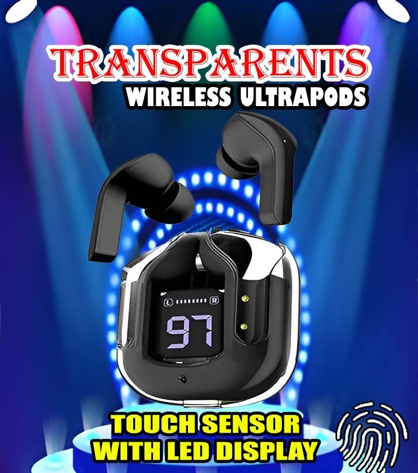 crecro Ultrapod Bluetooth Earbuds Headset Crystal Transparent Design,LED Display P62 Smart Headphones-image-45