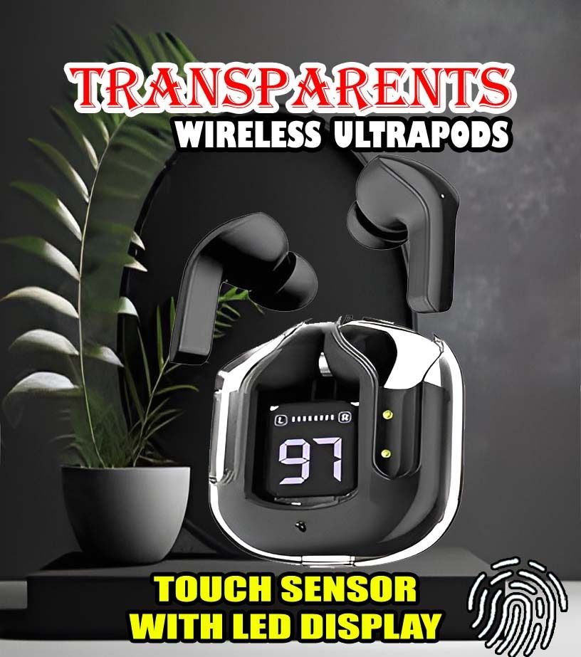 crecro Ultrapod Bluetooth Earbuds Headset Crystal Transparent Design,LED Display P73 Smart Headphones