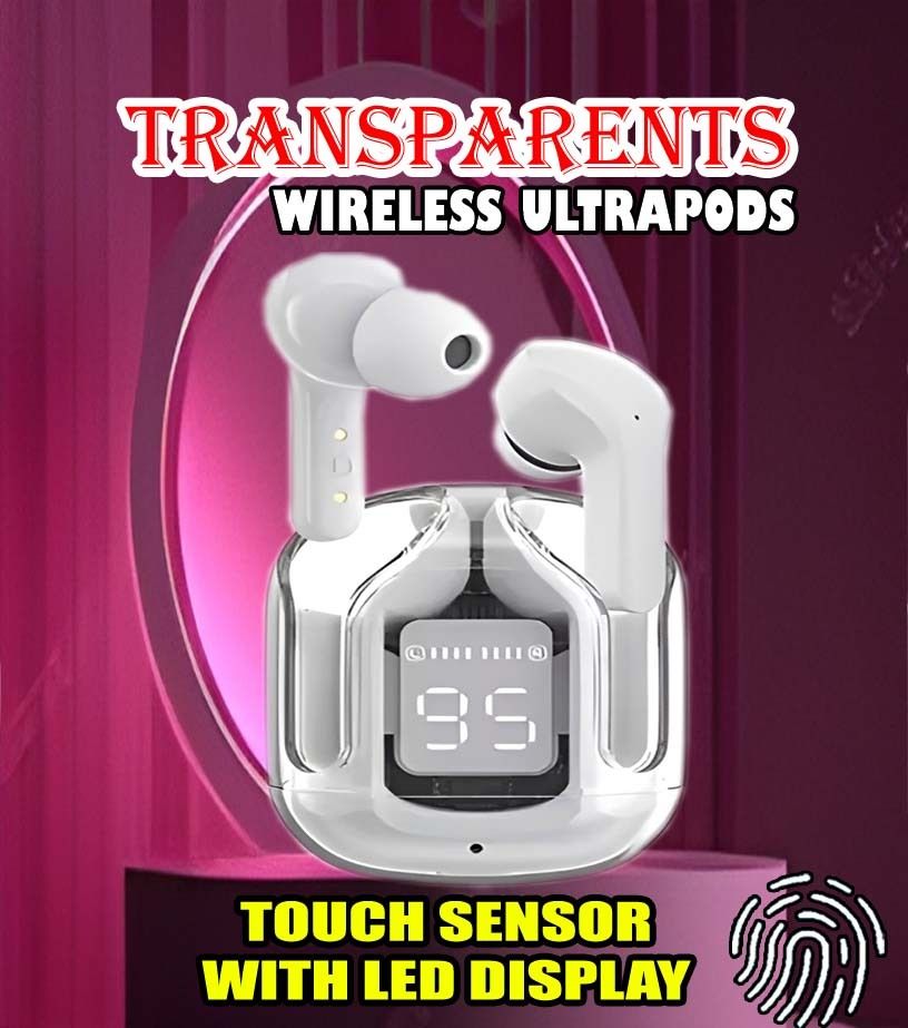crecro Ultrapod Bluetooth Earbuds Headset Crystal Transparent Design,LED Display GR74 Smart Headphones-image-45