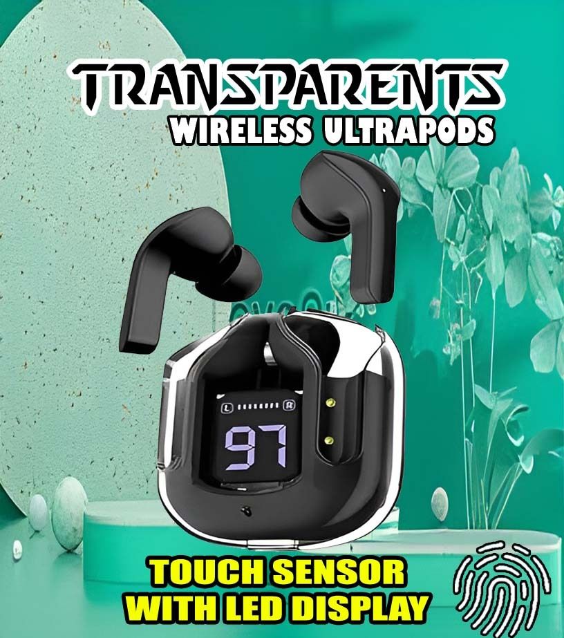 crecro Ultrapod Bluetooth Earbuds Headset Crystal Transparent Design,LED Display P32 Smart Headphones-image-42