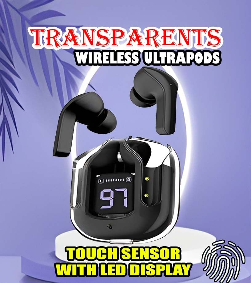 crecro Ultrapod Bluetooth Earbuds Headset Crystal Transparent Design,LED Display P64 Smart Headphones-image-27