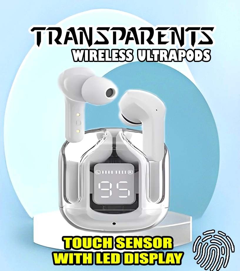 crecro Ultrapod Bluetooth Earbuds Headset Crystal Transparent Design,LED Display GR36 Smart Headphones