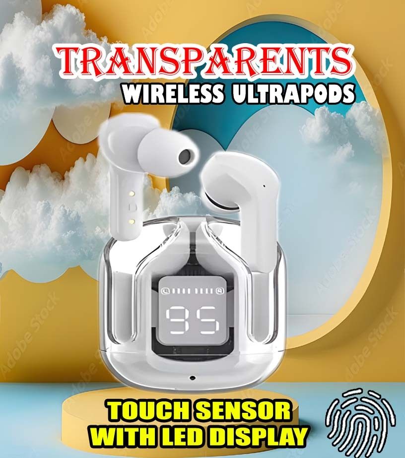 crecro Ultrapod Bluetooth Earbuds Headset Crystal Transparent Design,LED Display GR71 Smart Headphones-image-36
