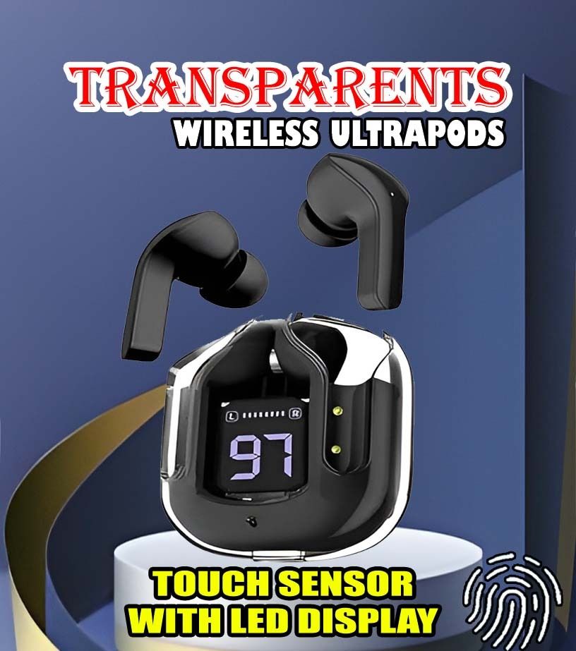 crecro Ultrapod Bluetooth Earbuds Headset Crystal Transparent Design,LED Display P57 Smart Headphones