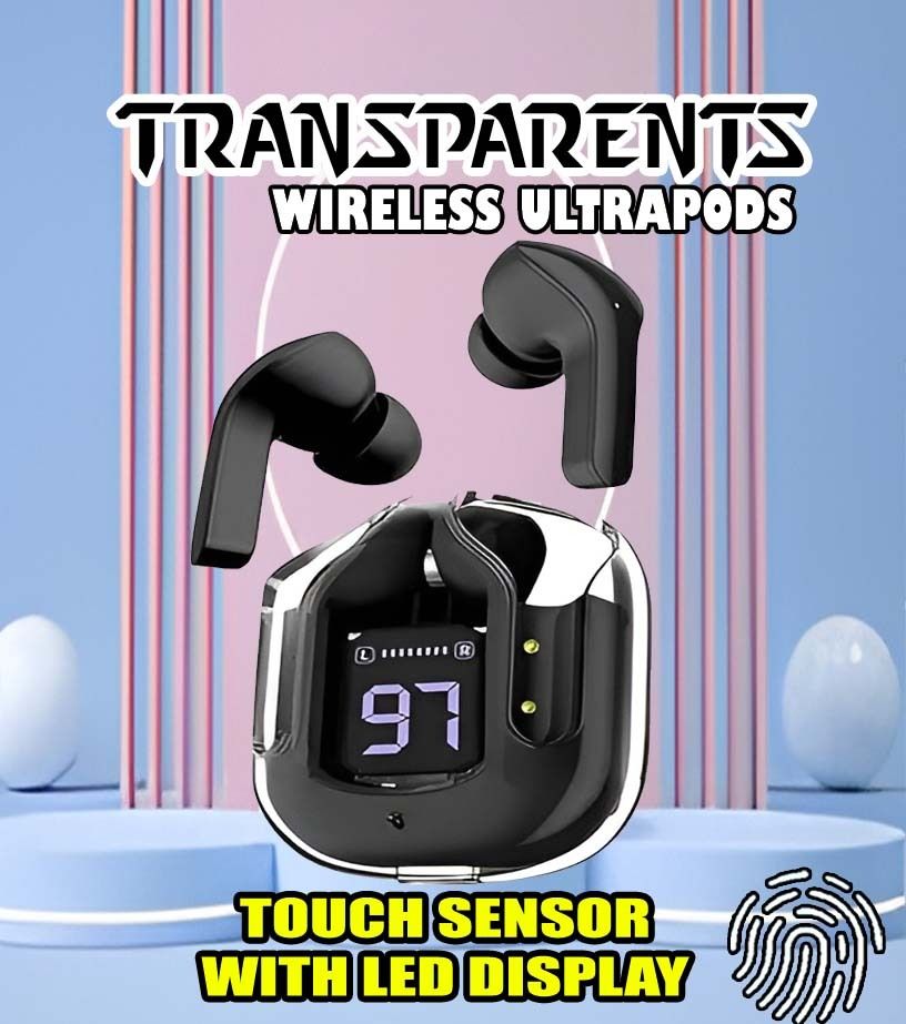 crecro Ultrapod Bluetooth Earbuds Headset Crystal Transparent Design,LED Display P24 Smart Headphones-image-43