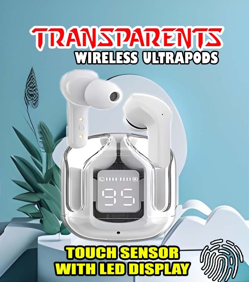 crecro Ultrapod Bluetooth Earbuds Headset Crystal Transparent Design,LED Display GR20 Smart Headphones-image-38