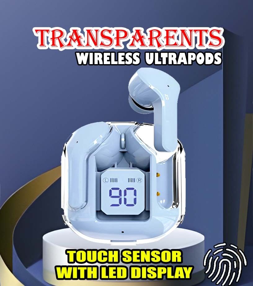 crecro Ultrapod Bluetooth Earbuds Headset Crystal Transparent Design,LED Display BK57 Smart Headphones