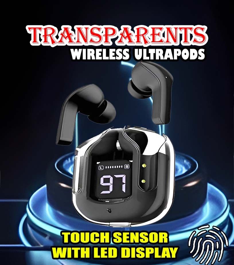 crecro Ultrapod Bluetooth Earbuds Headset Crystal Transparent Design,LED Display P75 Smart Headphones-image-42