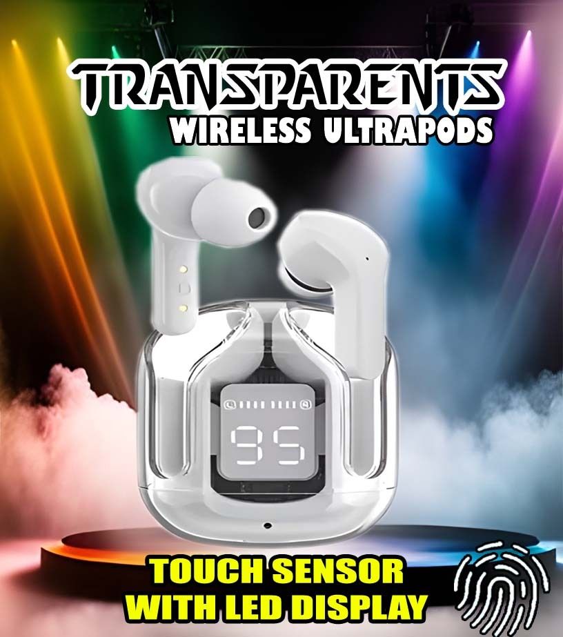 crecro Ultrapod Bluetooth Earbuds Headset Crystal Transparent Design,LED Display GR42 Smart Headphones-image-30