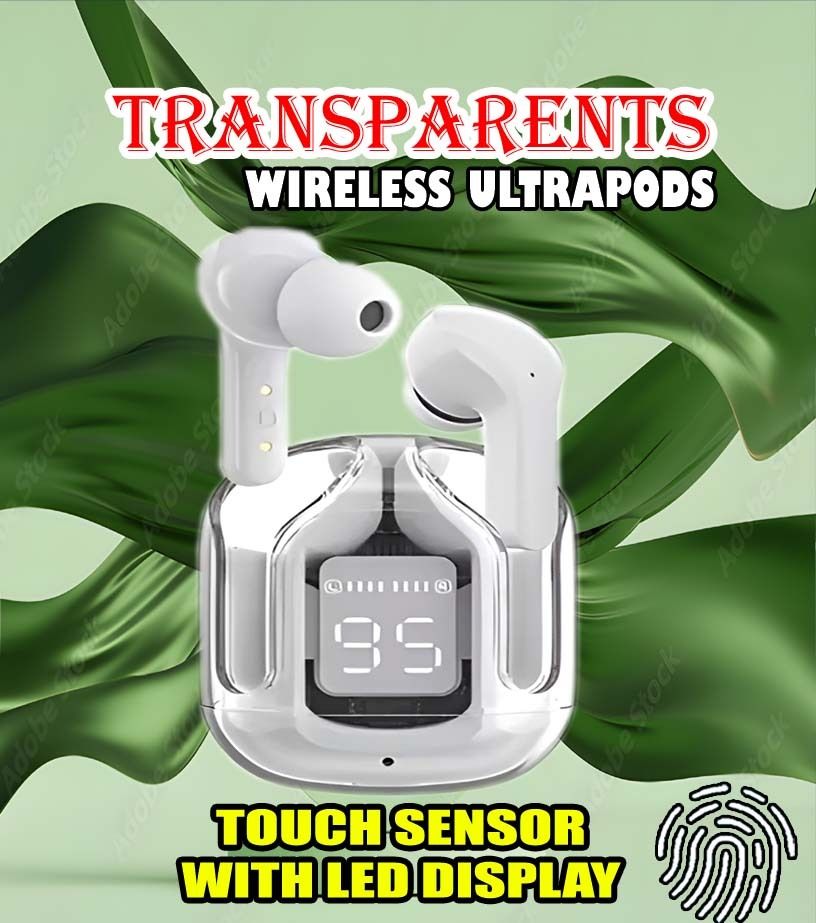 crecro Ultrapod Bluetooth Earbuds Headset Crystal Transparent Design,LED Display GR63 Smart Headphones-image-32