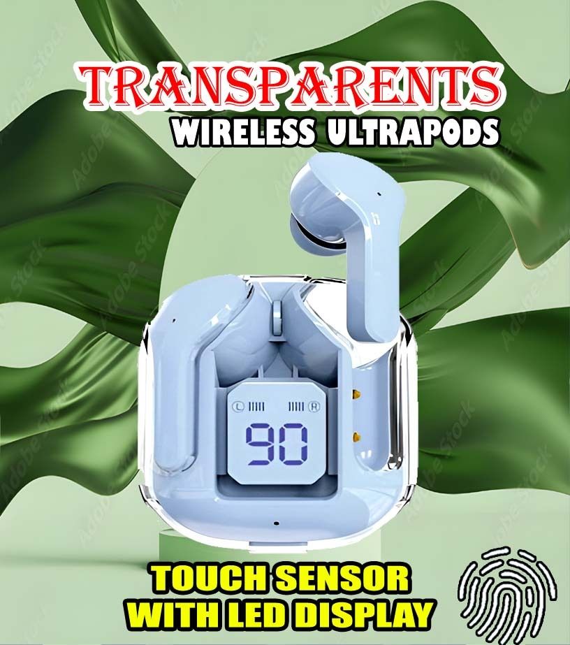 crecro Ultrapod Bluetooth Earbuds Headset Crystal Transparent Design,LED Display BK63 Smart Headphones-image-29