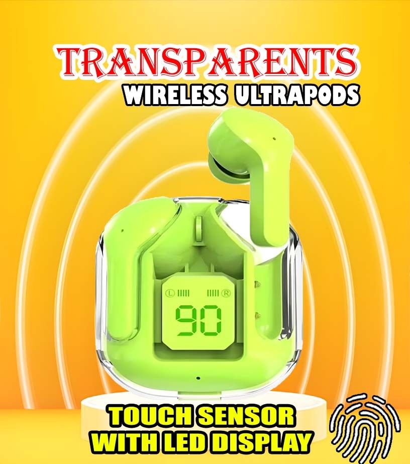 crecro Ultrapod Bluetooth Earbuds Headset Crystal Transparent Design,LED Display BU60 Smart Headphones
