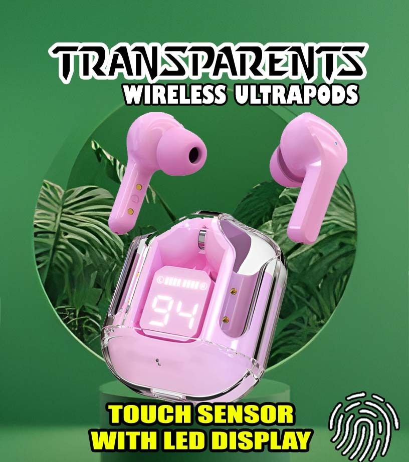 crecro Ultrapod Bluetooth Earbuds Headset Crystal Transparent Design,LED Display W25 Smart Headphones