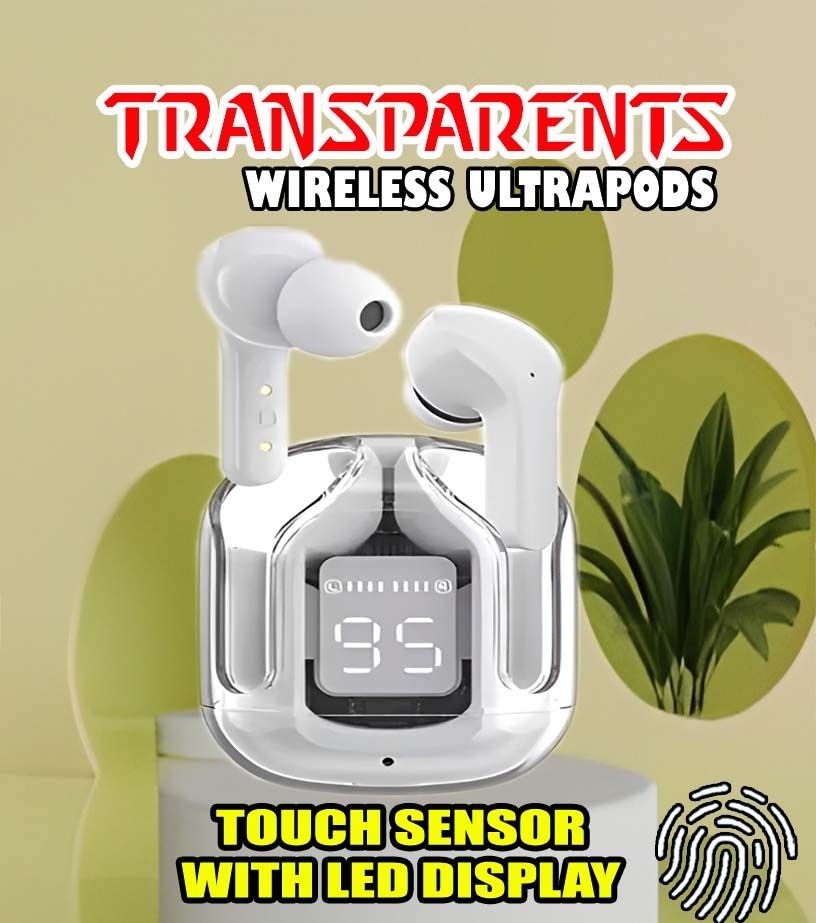 crecro Ultrapod Bluetooth Earbuds Headset Crystal Transparent Design,LED Display GR9 Smart Headphones-image-43