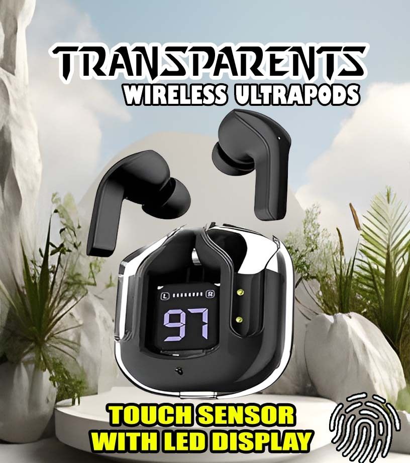 crecro Ultrapod Bluetooth Earbuds Headset Crystal Transparent Design,LED Display P40 Smart Headphones-image-46