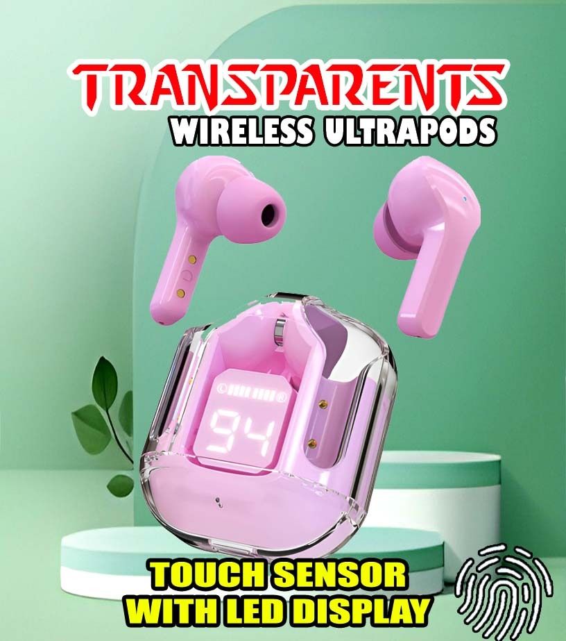 crecro Ultrapod Bluetooth Earbuds Headset Crystal Transparent Design,LED Display W18 Smart Headphones-image-45