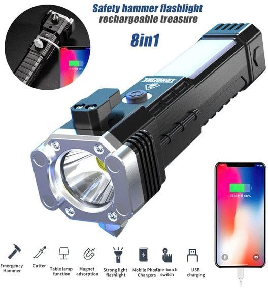 trinetrahub Rechargeable Hammer Torch Light – 6 in 1 LED 3W Torch Flashlight Glass Breaker.A Torch-picture-11