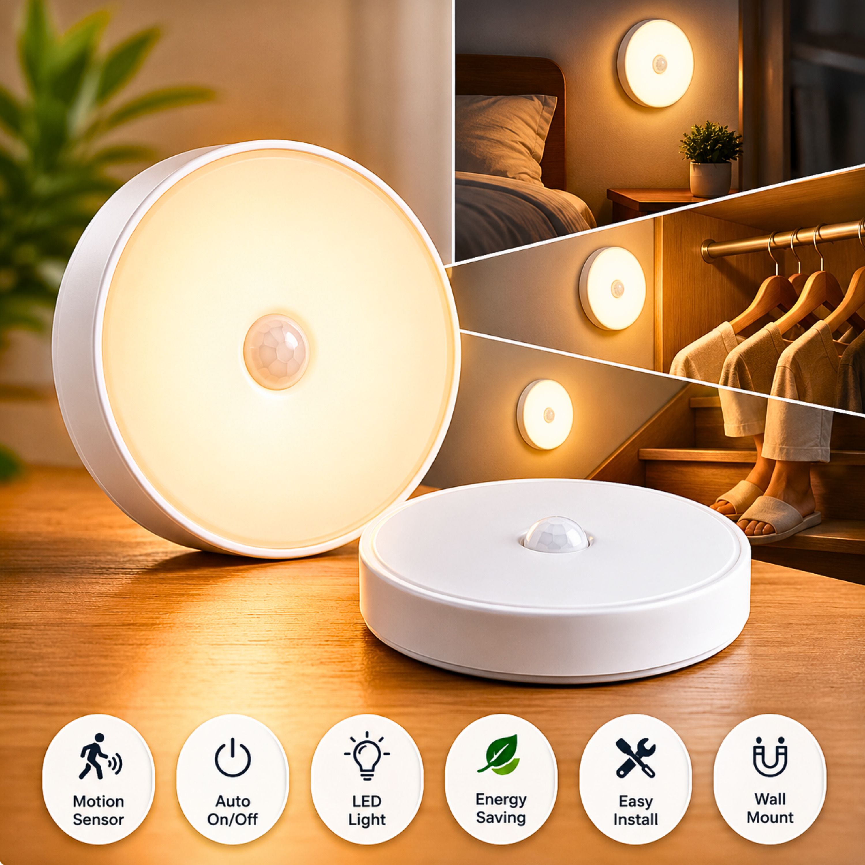 OLLOBEAM Round Motion Sensor Rechargeable Light, LED Magnetic Motion Activated Motion Sensor Light-picture-25