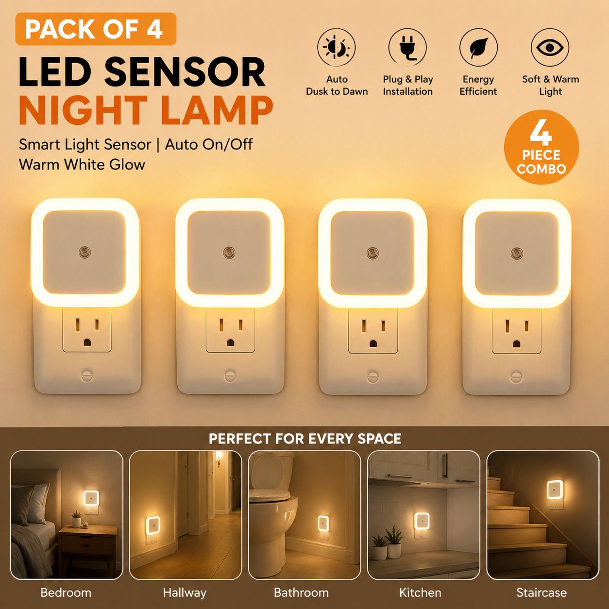 shukaam Pack of 4 Automatic Sensor LED Night Lamps Plug-in Orange Light Motion Sensor Light-image-48