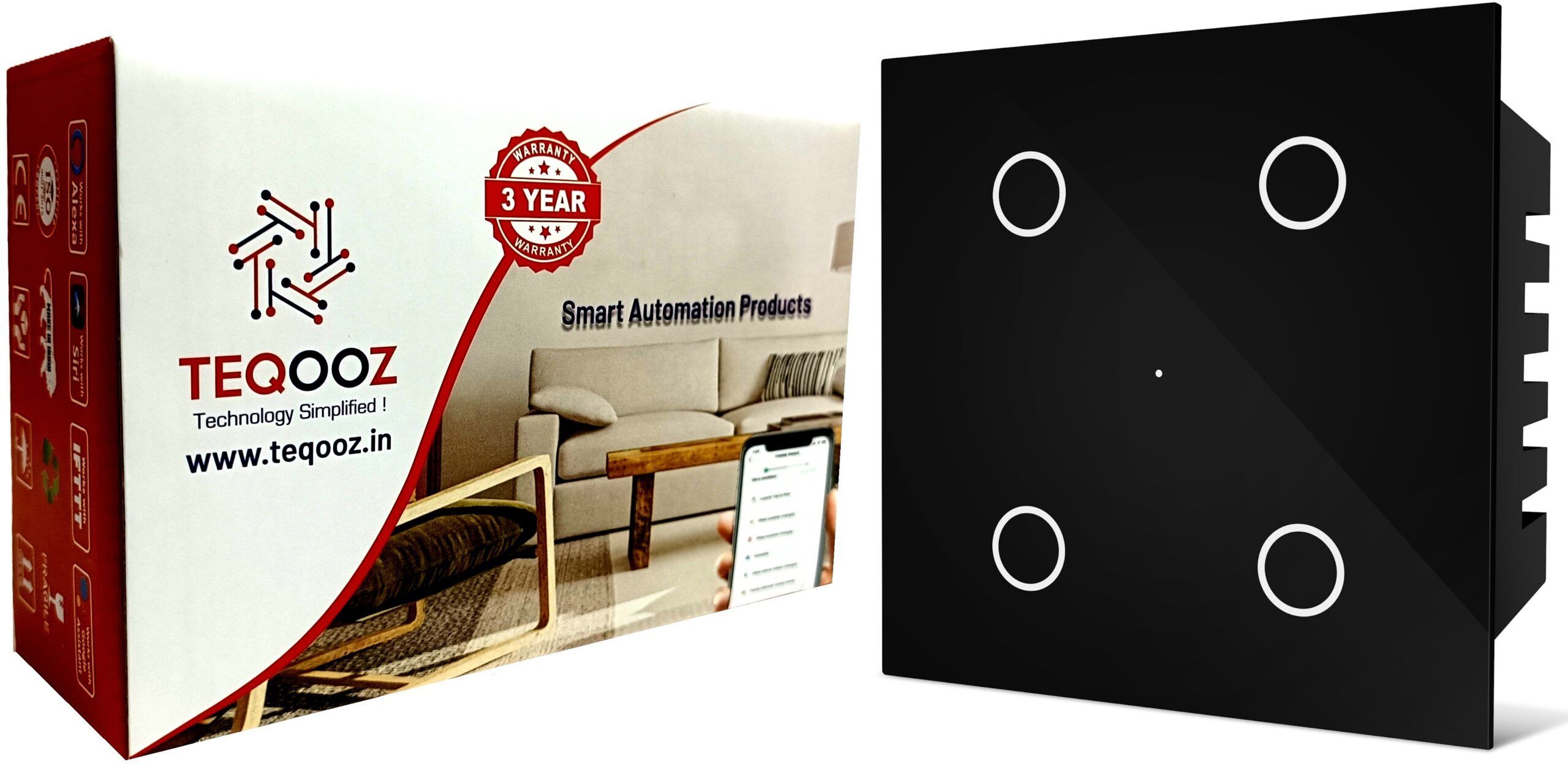 TEQOOZ 4-Switch Smart Wi-Fi + Bluetooth Glass Touch Switch (Black) Smart Switch-picture-33
