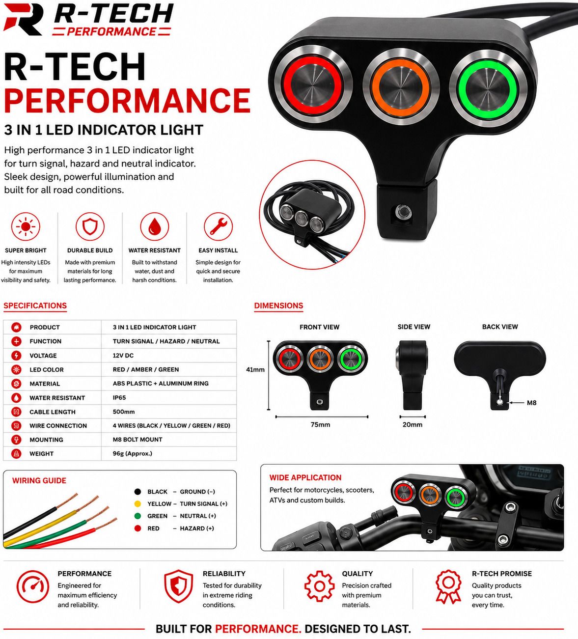 Rtech LGP Universal Handlebar Triple Push Button Switch With LED for Fog Lights |-image-37