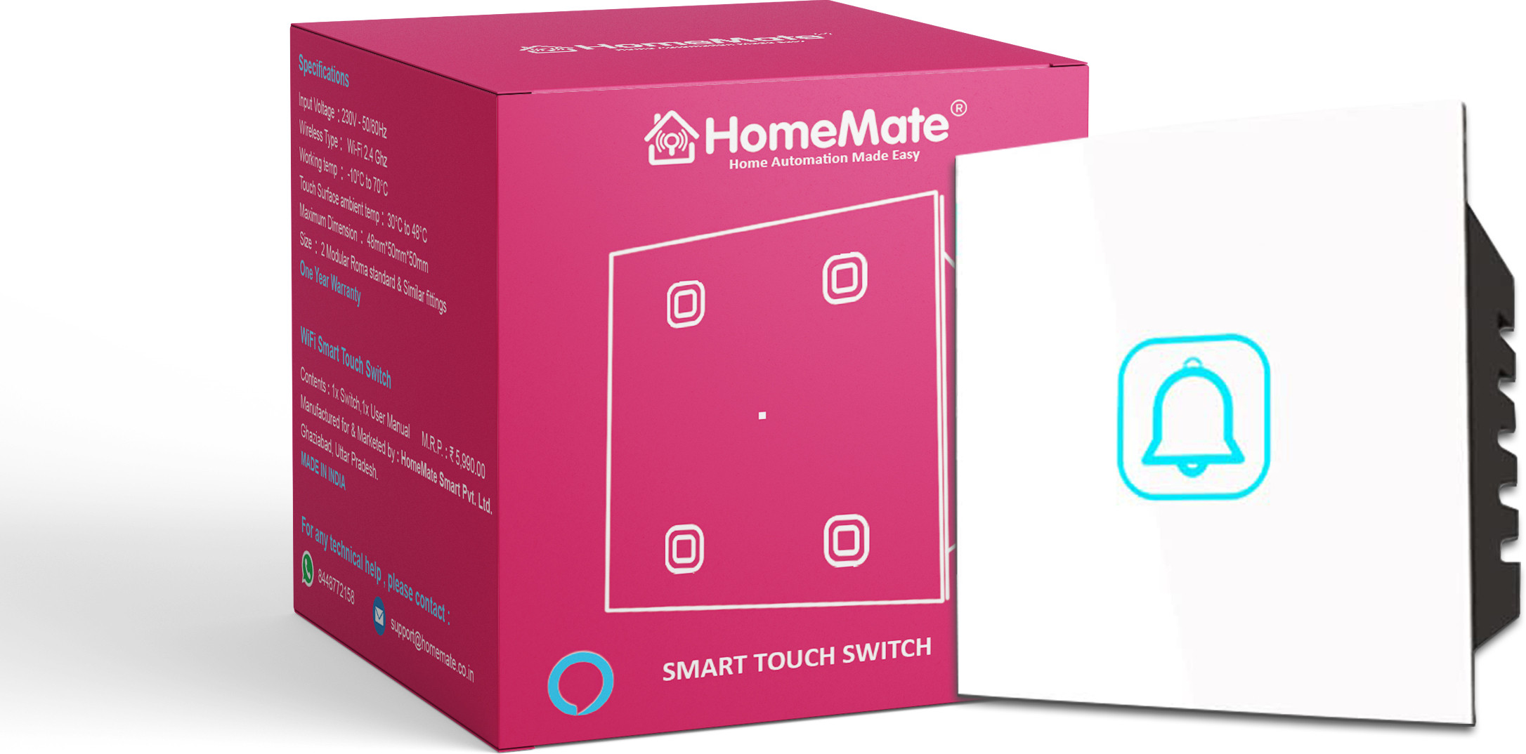HomeMate NON Smart Touch Switch Bell - White | Elegant Design | Easy Installation image 1