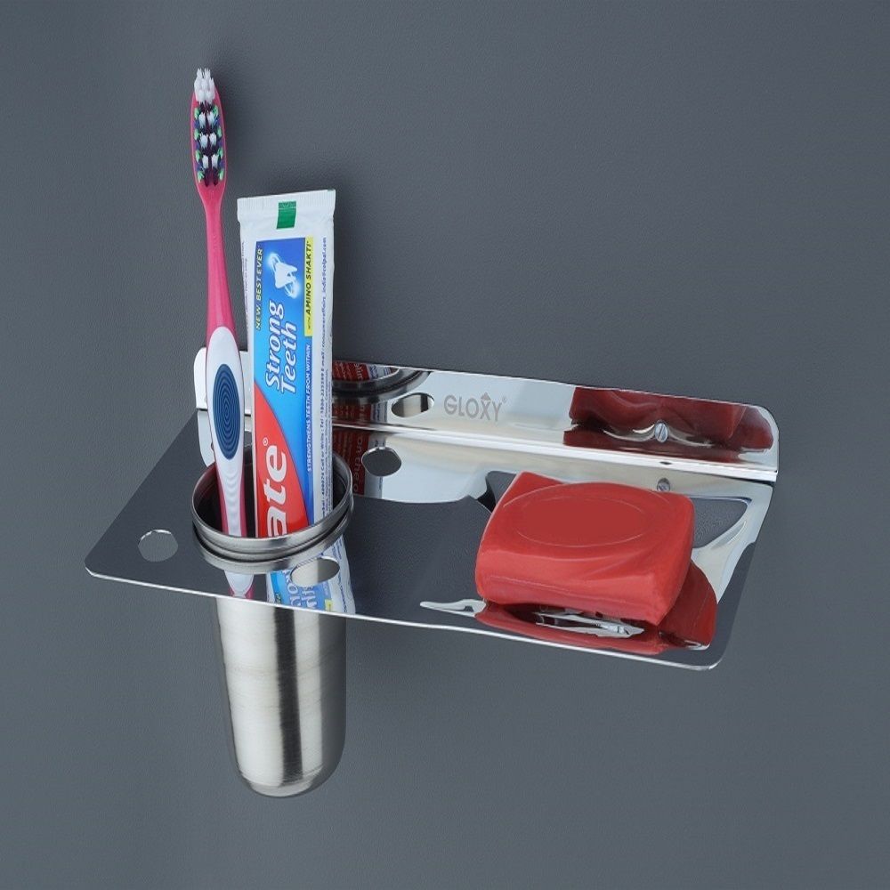 Stainless Steel 2-in-1 Toothbrush Stand with Soap Dish | Bathroom Organizer 10 inch 1 Bar Towel Rod-image-34