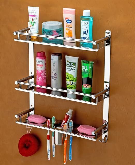 Self Accessories Stainless Steel 3 Layer Shelf with soap holder ,Bath STEEL Brush Holder Towel Holder-image-30
