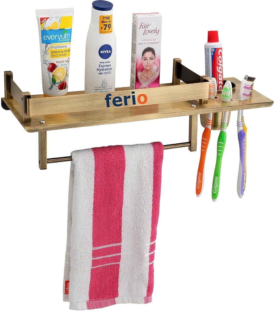 Bathroom Shelf with Towel Rod & Toothbrush Holder |Multipurpose Bathroom Rack 15 inch 1 Bar Towel Rod-image-33