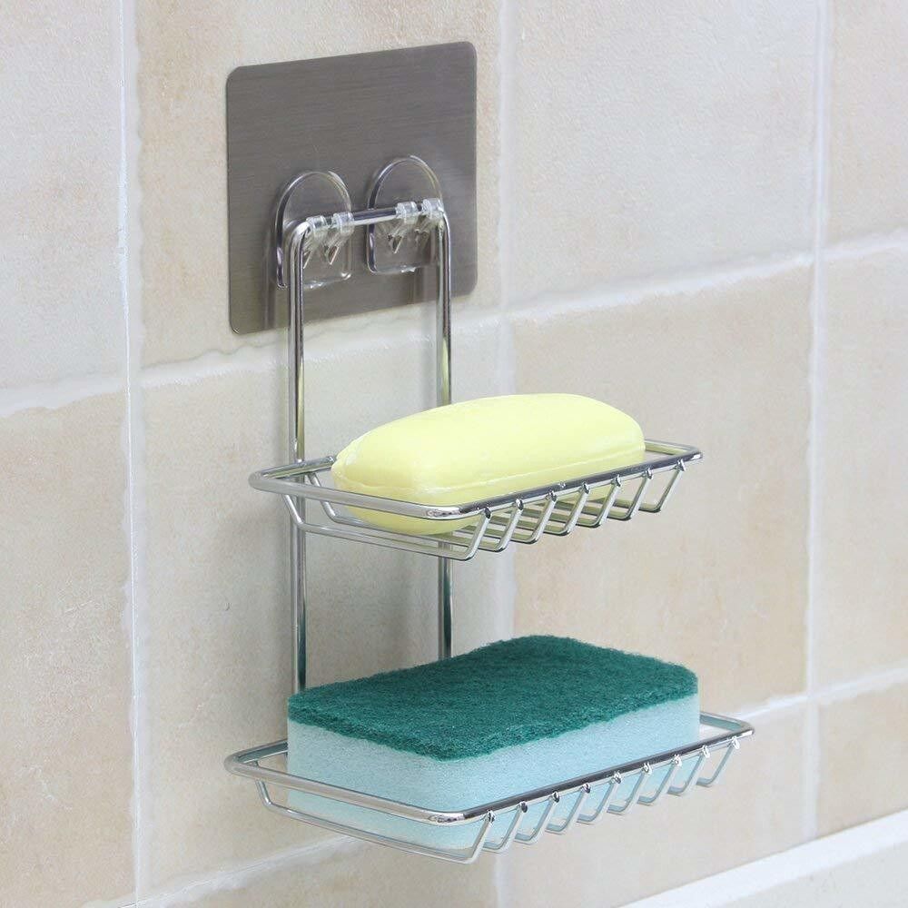 Stainless Steel Wall Mount Self-Adhesive Waterproof Kitchen Bathroom Double-Layer Soap Dish Holder (Silver)-image-13