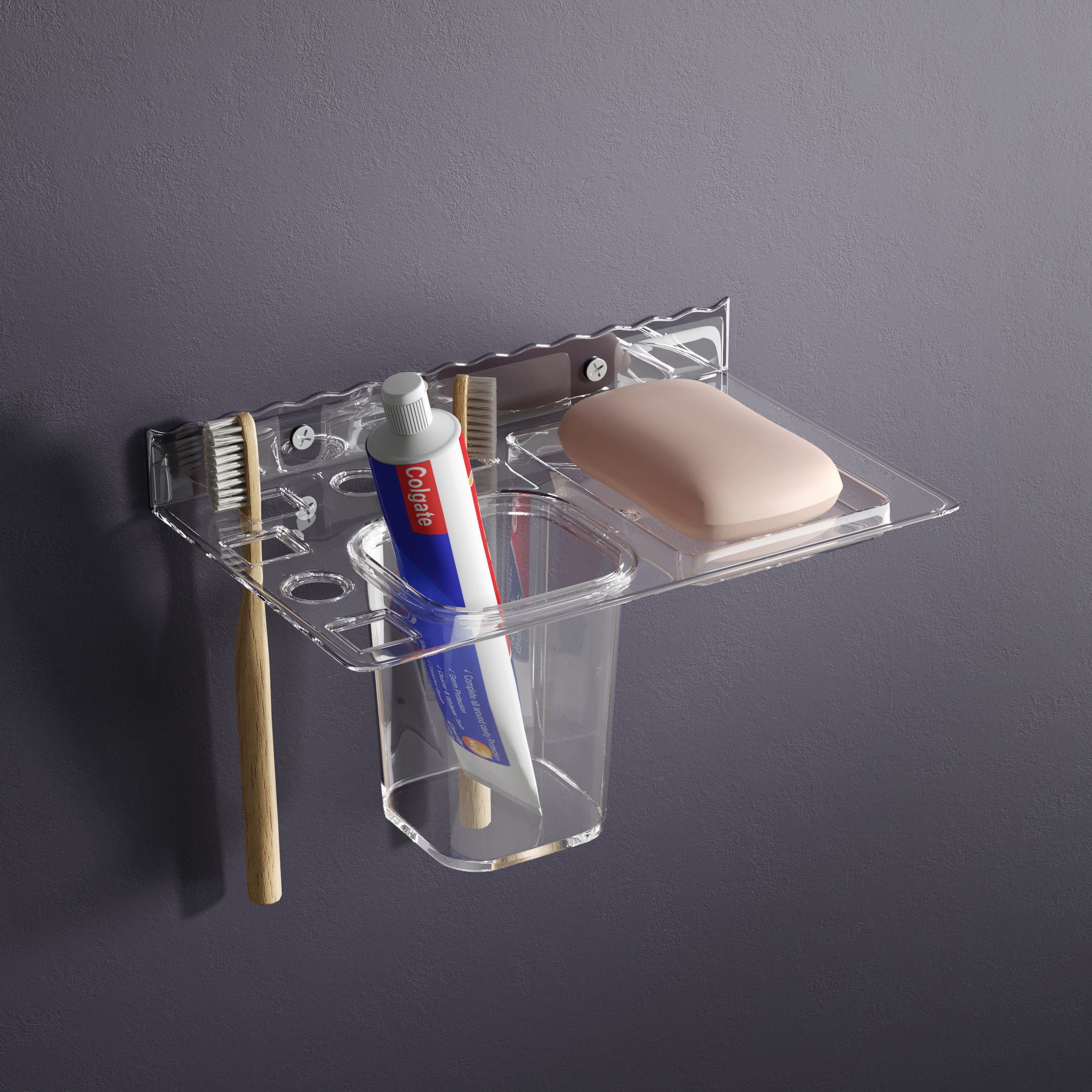 Acrylic Soap Bar Stand/Dish with Tooth Brush Holder Wall Mount Clear Towel Holder-image-6