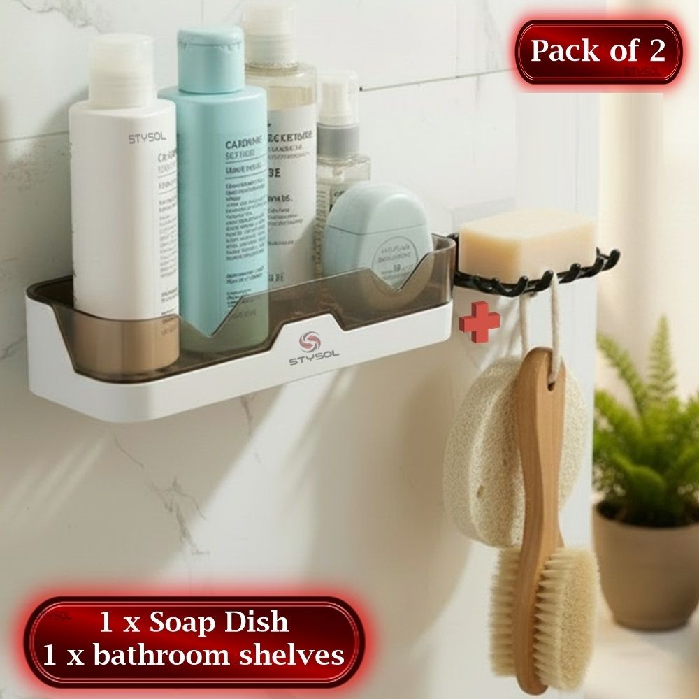 stysol Self Adhesive No-Drill Mount Bathroom Multi Purpose Organizer Set With Soap Dish Plastic Wall Shelf-picture-3