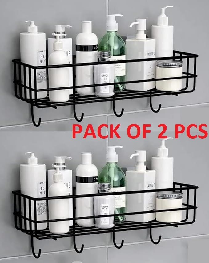 Stainless Iron Coating Self-Adhesive Metal Rack Storage Shelf with 4 Hook 2 Stainless Steel, Iron Wall Shelf-image-12