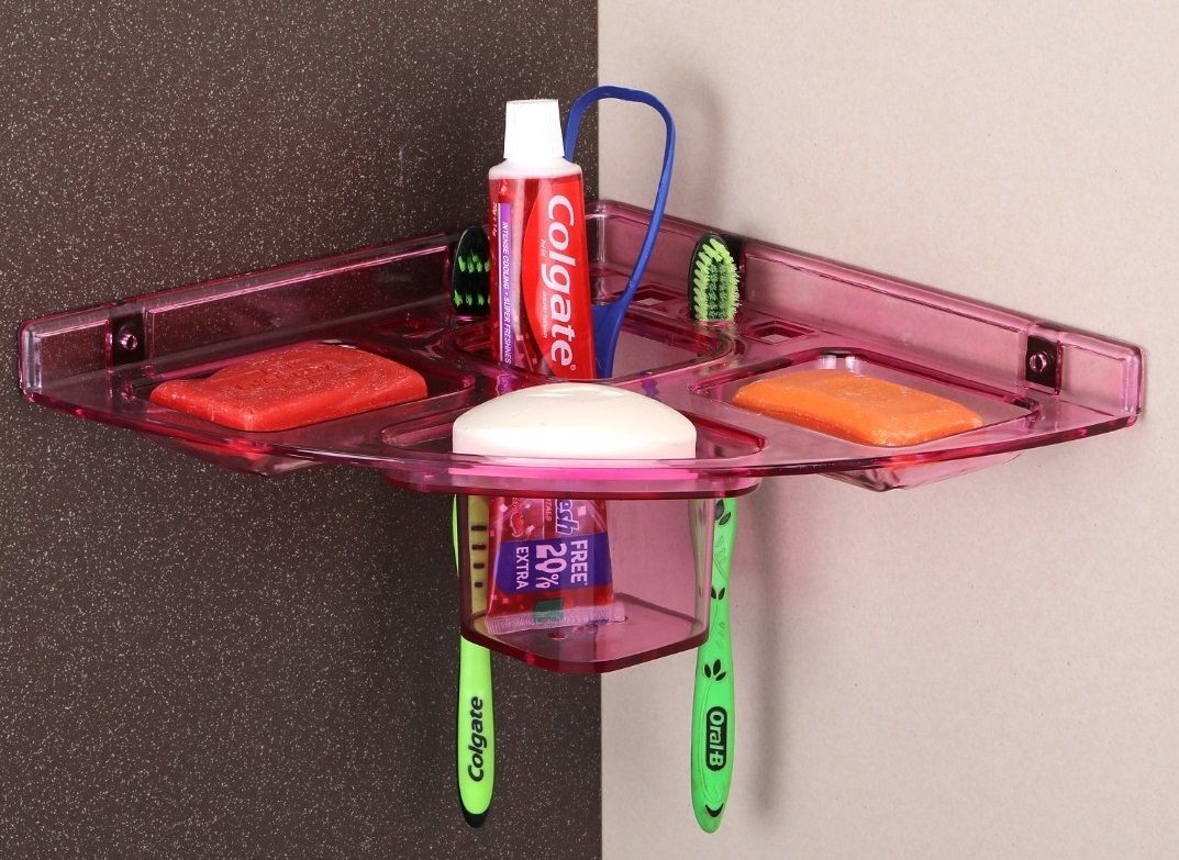 Clear pink Plastic Soap Dish with Tooth Brush Holder 5 in 1 Corner (pack of 1) Plastic Wall Shelf-image-32