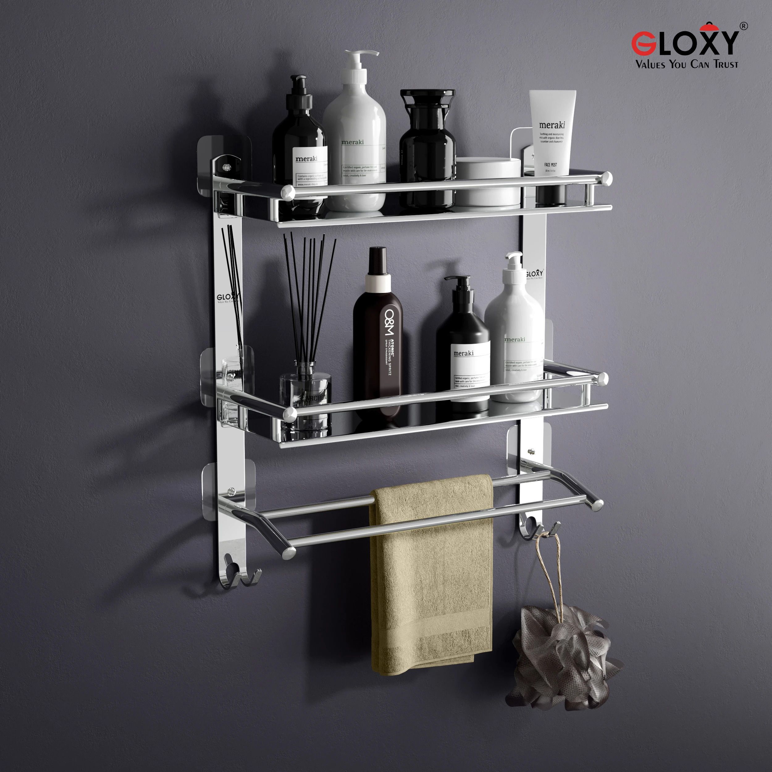 Magic Sticker Shelf Adhesive Anti Rust 3 Layer Bathroom Shelf with Towel Holder Stainless Steel Toilet Paper Holder-image-0