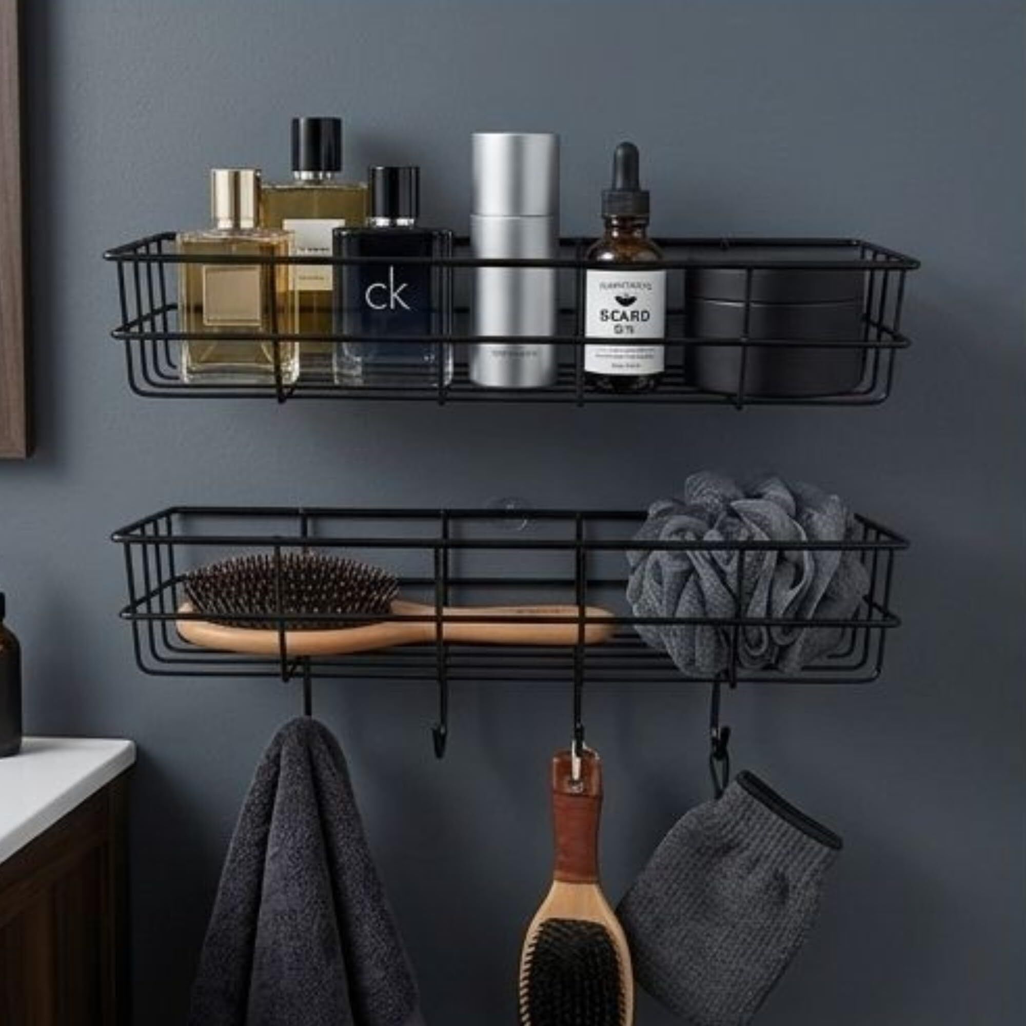 Utensil Kitchen Rack Stainless Iron Coating Self-Adhesive Metal Rack Storage Shelf with 4 Hook Steel-image-49