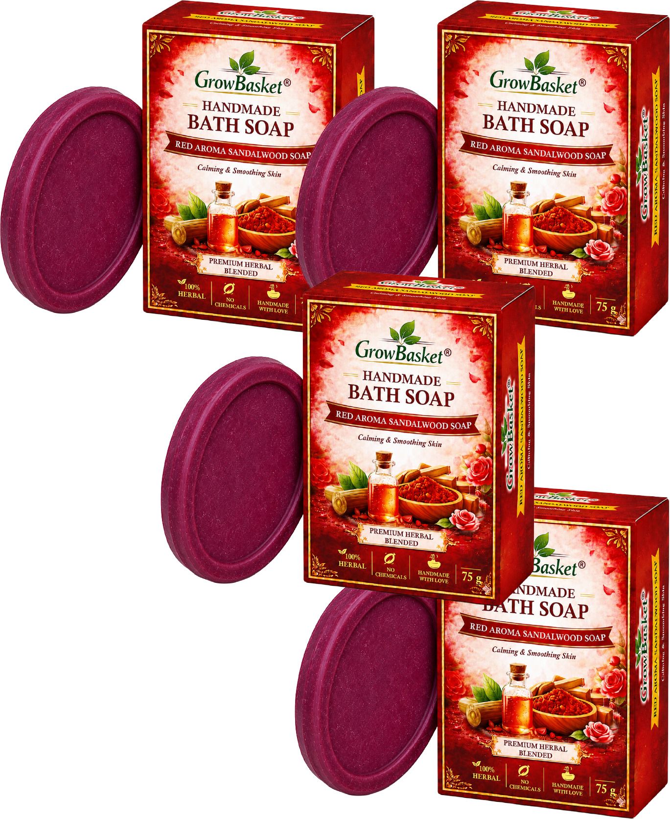 Red Aroma Sandal Handmade Soap Natural Bathing Bar for Men and Women-image-3