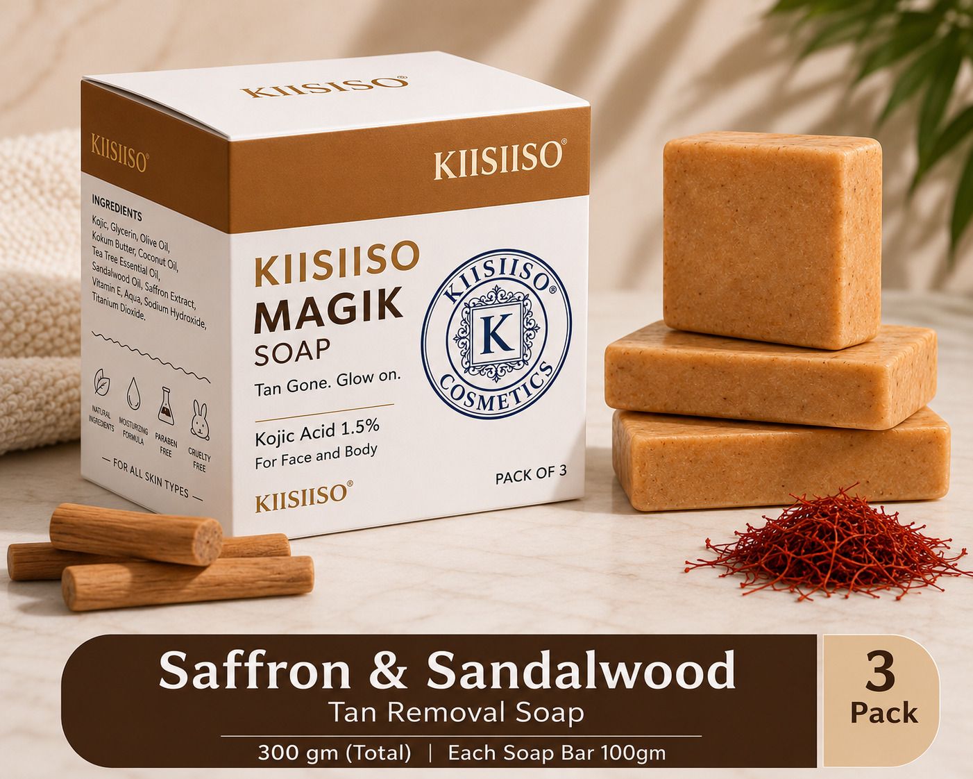 Skin Whitening Effect Saffron Sandalwood Soap - 100g (Pack of 3)-image-0