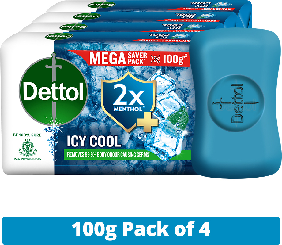 Dettol Icy Cool Bathing Soap Bar With 2x Menthol, Pack of 4