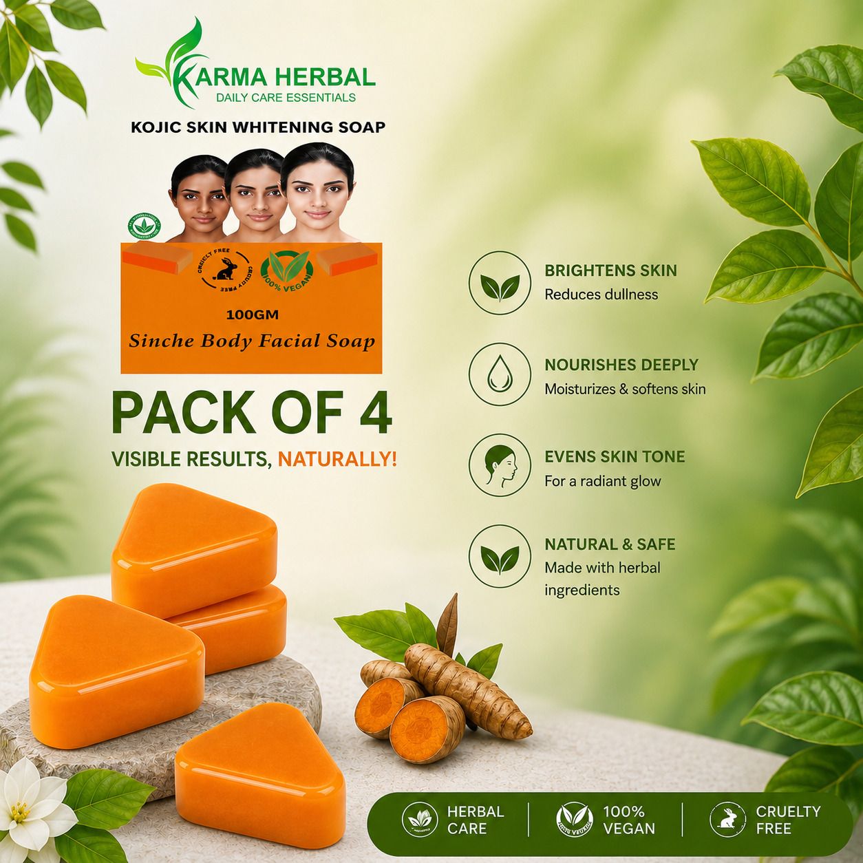 karma herbal Kojic Skin Whitening Soap for Body & Face | Tan Removal | Pack of 4 | 400 gm-picture-44