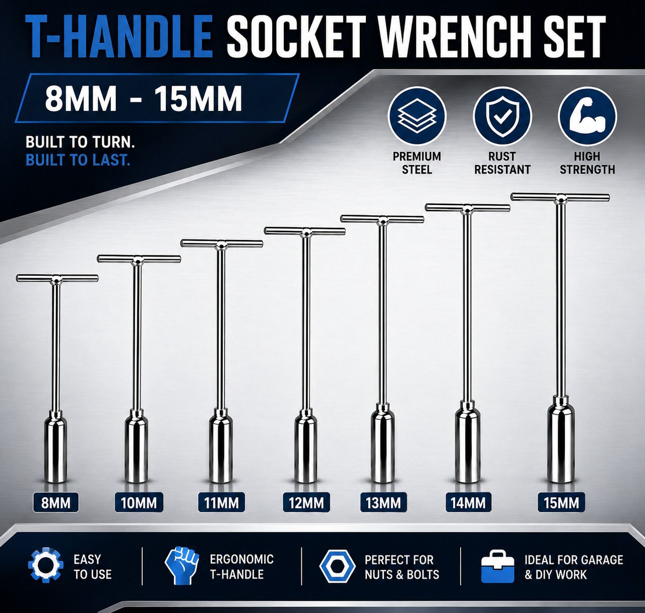 asryd Premium T-Handle Socket Wrench Set (8mm-15mm) – Heavy Duty Nut Driver Tool Kit Socket Set-picture-19