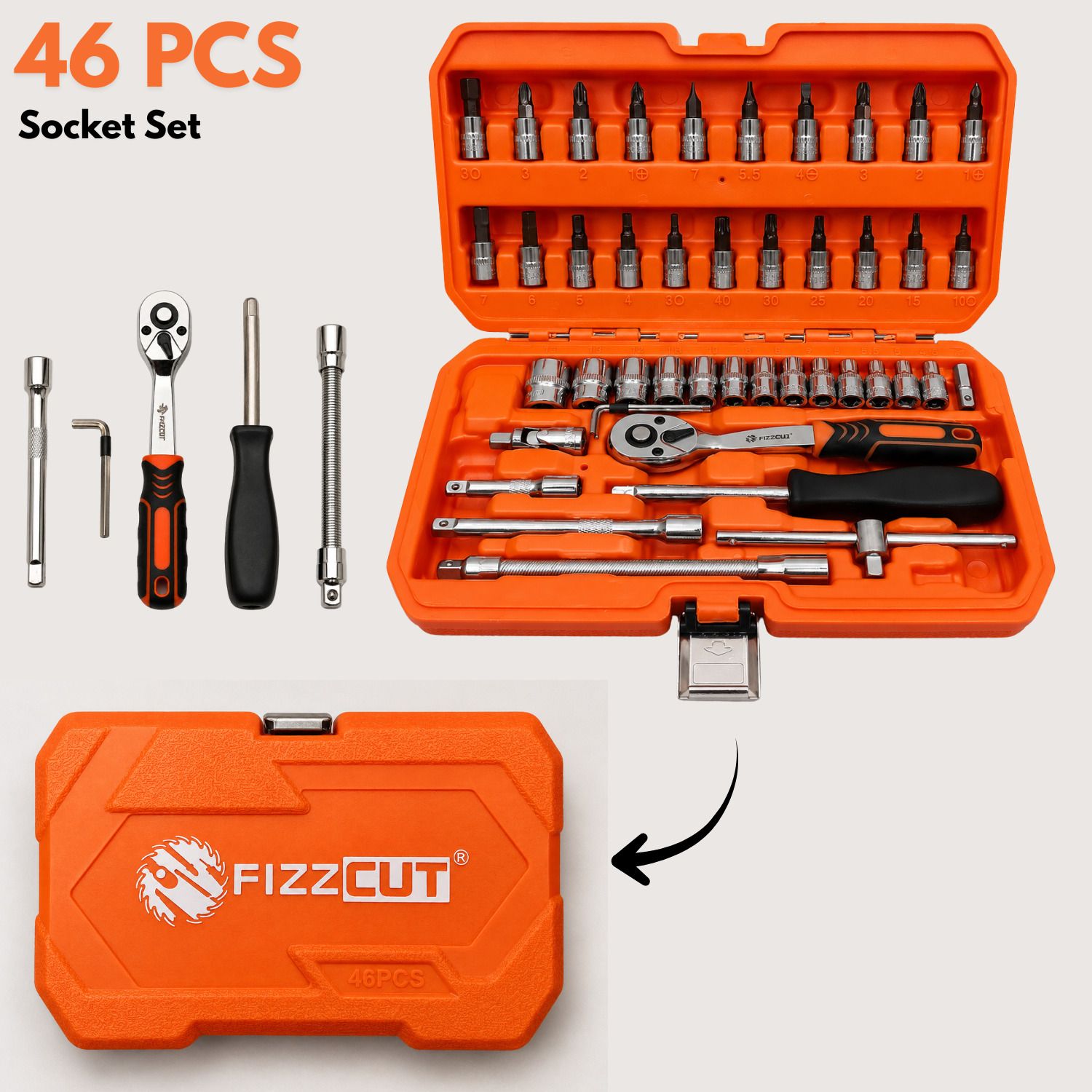 zarqify 46Pcs 1/4 DR Socket Tool Kit with Ratchet Handle, Bit Set & Extension Bars Socket Set-picture-40